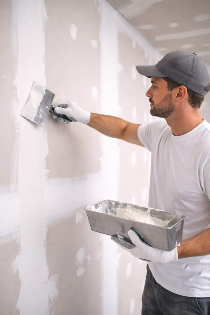 Painter applying joint compound to drywall seams
